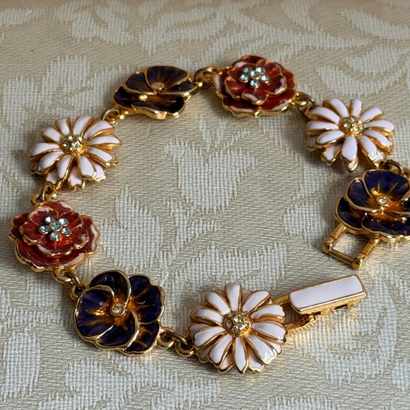 VTG MMA Imperial Wildflower Hand Enameled 22K Gold & Czech Crystals Bracelet - Picture 7 of 9